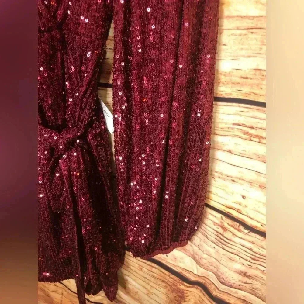 🍒💃🏻Cherry Bomb💃🏻🍒 Red Burgundy Long sleeve Sequin Wrap Dress NWT - Picture 6 of 14